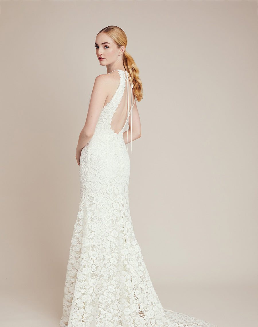 Floral Applique Illusion V-Back Wedding Dress
